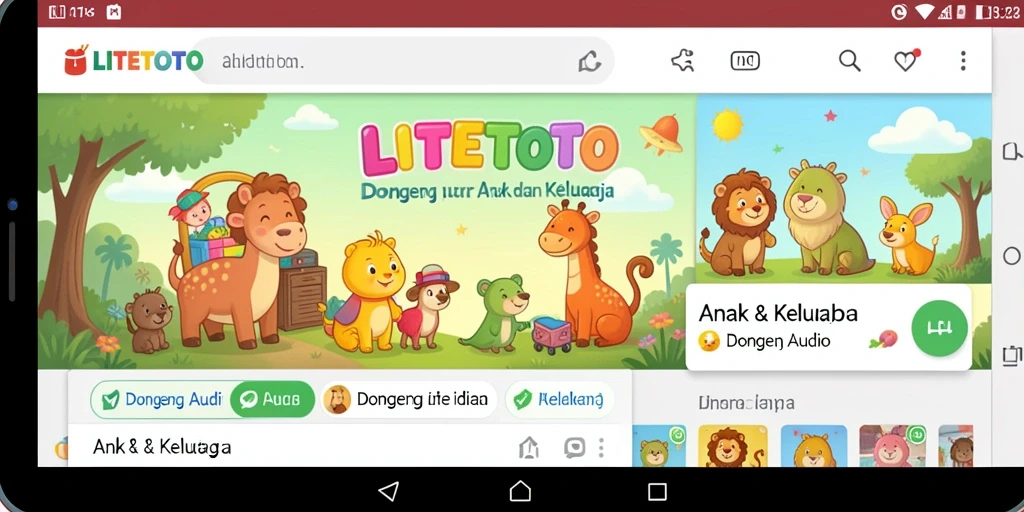 Antarmuka LITETOTO yang ramah anak dengan koleksi dongeng audio.